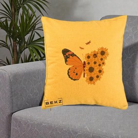 Perna Decorativa Fluture Floarea-Soarelui, 40x40 cm, Galben, Husa Detasabila, Perna Inclusa, BEKZ®