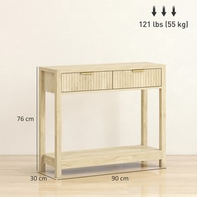 HOMCOM Consolă 90 cm, masă consolă îngustă cu 2 sertare canelate și raft, stil modern, lemn natural | Aosom Romania