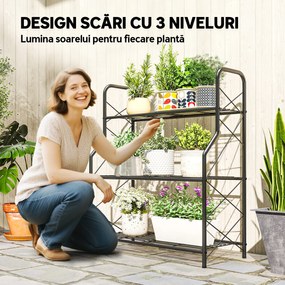 Outsunny Suport pentru Plante Vertical cu 3 Niveluri, cu Suporturi Laterale în X, Suport Ghivece cu Mânere Integrate din Metal pentru Interior și Exterior, 69x28.5x78 cm, Negru | Aosom Romania
