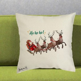 Perna Decorativa Ho Ho Ho Mos Craciun cu Sanie si Reni, 40x40 cm, Ecru, Husa Detasabila, Perna Inclusa, BEKZ®
