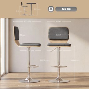 HOMCOM Set de 2 scaune de bar scaune de bar reglabile pe înălțime spătar suport pentru picioare rotative 360° 41x47,5x81-102cm gri | Aosom Romania
