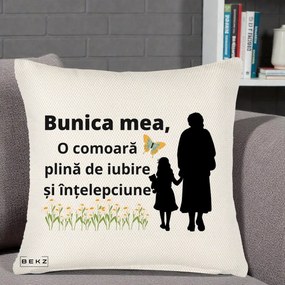 Cadou pentru Bunica - Perna Personalizata Bunica Mea Comoara Iubire Intelepciune Varianta Extinsa, 40x40 cm, Crem Reliefat, Husa Detasabila, Perna Inclusa, BEKZ®
