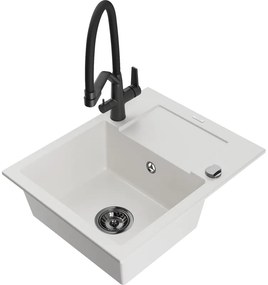 Mexen Enzo chiuvetă de granit cu un compartiment, cu picurător și baterie de bucătărie Duo, Albă - 6506-20-671701-70-B