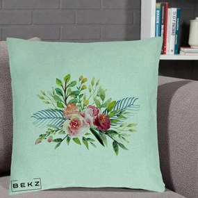 Perna Decorativa Buchet Flori Acuarela Roz-Verde, 40x40 cm, Verde Menta, Husa Detasabila, Perna Inclusa, BEKZ®