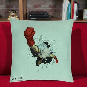 Perna Personalizata One Punch Man Saitama Pumn, 40x40 cm, Verde Menta, Husa Detasabila, Perna Inclusa, BEKZ®
