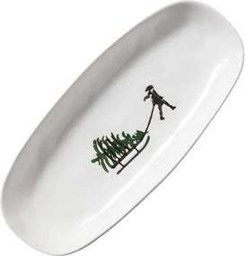 Platou de servire din ceramică albă, formă ovală, cu motive de iarnă pictate manual, 2,5 × 25 × 11.5 cm, „Slalom"