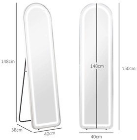 HOMCOM Oglindă completă în arc oglindă de corp cu LED 3 culori lumina reglabile funcție memorie 150 x 40 cm argintiu | Aosom Romania