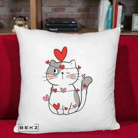 Perna Decorativa Pisica Kawaii cu Inimi, 40x40 cm, Alb Pufos, Husa Detasabila, Perna Inclusa, BEKZ®