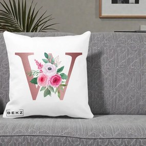 Cadou Personalizat - Perna Personalizata Monograma Rose Gold Litera W cu Trandafiri si Anemona, 40x40 cm, Alba Mata, Husa Detasabila, Perna Inclusa, BEKZ®