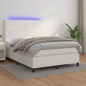 vidaXL Pat cu arcuri, saltea și LED, alb, 140x200 cm, piele eco