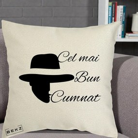 Cadou pentru Cumnat - Perna Personalizata Cel mai Bun Cumnat cu Silueta Palarie, 40x40 cm, Ecru, Husa Detasabila, Perna Inclusa, BEKZ®