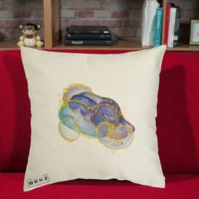 Perna Decorativa Abstract Acuarela Albastru-Mov cu Cercuri Aurii, 40x40 cm, Ecru, Husa Detasabila, Perna Inclusa, BEKZ®