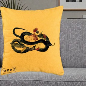 Perna Decorativa Sarpe Negru cu Flori Gothic, 40x40 cm, Galben, Husa Detasabila, Perna Inclusa, BEKZ®