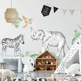 INSPIO Autocolante pentru perete - Elefant și zebră din SAFARI