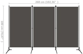Paravan de cameră cu 3 panouri, antracit, 260 x 180 cm, textil