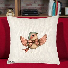 Perna Decorativa Pasare Roz cu Aripi si Fundita, 40x40 cm, Crem Reliefat, Husa Detasabila, Perna Inclusa, BEKZ®