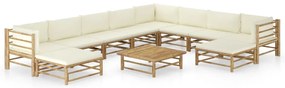 vidaXL Set mobilier de grădină, cu perne alb crem, 11 piese, bambus