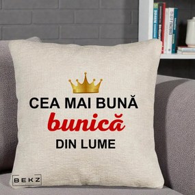 Cadou pentru Bunica - Perna Personalizata Cea Mai Buna Bunica Din Lume Coroana Aurie, 40x40 cm, Bej Canapea, Husa Detasabila, Perna Inclusa, BEKZ®