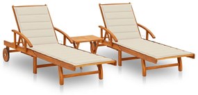 vidaXL Șezlonguri, 2 buc., cu masă și perne, lemn masiv de acacia