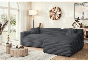 Colțar gri închis cu tapițerie din catifea reiată (cu colț pe partea dreaptă, cu șezlong) Martin – Ropez