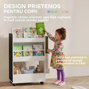 AIYAPLAY Bibliotecă pentru Copii 3-8 Ani pe Două Părți, Raft de Jucării cu Roți și Tablă Neagră, Alb | Aosom Romania