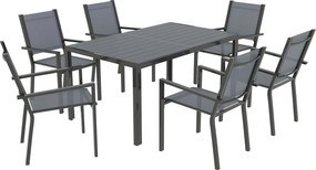 Outsunny Set Masă de Grădină cu Scaune, 7 Piese, Set de Prânz cu Masă cu Blat din Lemn Compozit cu Șipci și 6 Scaune de Exterior Stivuibile, Mobilier din Oțel cu Texteline, Gri și Negru | Aosom Romania