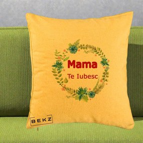 Cadou pentru Mama - Perna Personalizata Mama Te Iubesc Flori Albastre, 40x40 cm, Galben, Husa Detasabila, Perna Inclusa, BEKZ®