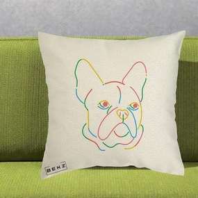 Perna Decorativa Bulldog Francez Line Art Curcubeu, 40x40 cm, Ecru, Husa Detasabila, Perna Inclusa, BEKZ®