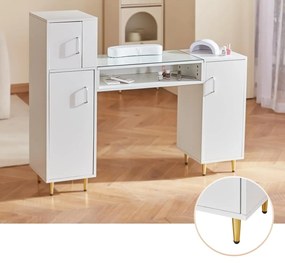 MANIA203 - Masuta manichiura, 135 cm, cu pernita, blat de sticla, masa cosmetica - Alba