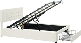 HOMCOM Cadru de pat dublu cu somieră și spațiu de depozitare pe pistoane, sertar pe roți, tăblie reglabilă capitonată efect velur, crem | Aosom Romania