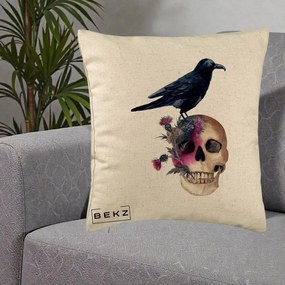 Perna Decorativa Craniu cu Corb si Flori Gothic, 40x40 cm, Bej, Husa Detasabila, Perna Inclusa, BEKZ®