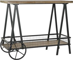 Consolă decorativă cu roți, stil industrial modern, culoare natur, din metal și lemn de molid, „Spruce”