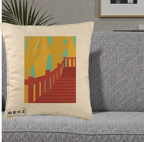 Perna Decorativa Scari Toamna Peisaj Grafic, 40x40 cm, Bej, Husa Detasabila, Perna Inclusa, BEKZ®