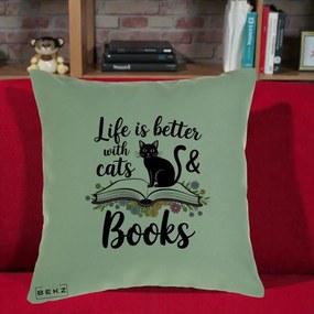 Perna Personalizata Life is Better Cats and Books, 40x40 cm, Verde, Husa Detasabila, Perna Inclusa, BEKZ®
