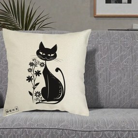 Perna Decorativa Pisica Neagra Grafica Minimalista, 40x40 cm, Ecru, Husa Detasabila, Perna Inclusa, BEKZ®