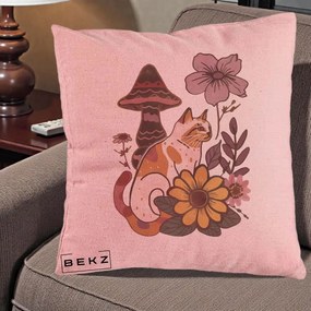 Perna Decorativa Pisica Vintage Florala Boho, 40x40 cm, Roz, Husa Detasabila, Perna Inclusa, BEKZ®