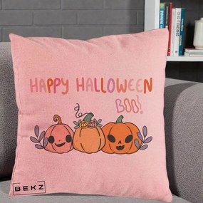 Perna Decorativa Happy Halloween Boo Trei Dovlecei Kawaii, 40x40 cm, Roz, Husa Detasabila, Perna Inclusa, BEKZ®