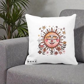 Perna Decorativa Soare Retro Boho Floral, 40x40 cm, Alba Mata, Husa Detasabila, Perna Inclusa, BEKZ®