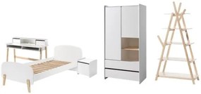 Set Complet Mobilier Kiddy pentru Camera Copii – Pat 90x200 cm, Noptieră, Dulap 2 Uși, Birou și Bibliotecă – Alb – Vipack