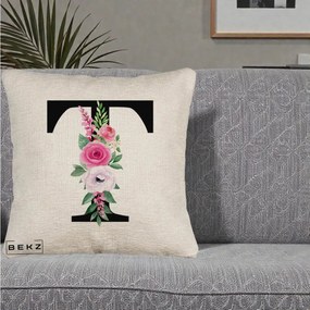 Cadou Personalizat - Perna Personalizata Monograma Florala Litera T, 40x40 cm, Bej Canapea, Husa Detasabila, Perna Inclusa, BEKZ®
