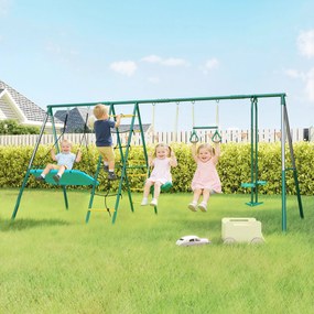 AIYAPLAY Cadru 5-în-1 pentru leagăn cu leagăn-tip-cuib reglabil, inele de gimnastică, scaun dublu, cadru de cățărare pentru 3-8 ani 440x175x203 cm | Aosom Romania