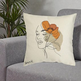 Perna Decorativa Portret Feminin Mac Mare Portocaliu, 40x40 cm, Ecru, Husa Detasabila, Perna Inclusa, BEKZ®
