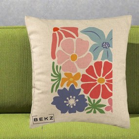 Perna Decorativa Flori Grafice Roz-Rosu-Albastru, 40x40 cm, Bej, Husa Detasabila, Perna Inclusa, BEKZ®