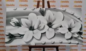 Tablou magnolie luxoasă cu perle în alb-negru