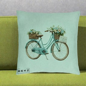 Perna Decorativa Bicicleta Teal cu Cosuri Duble de Flori Vintage, 40x40 cm, Verde Menta, Husa Detasabila, Perna Inclusa, BEKZ®