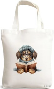 Sacosa de Panza pentru Cumparaturi, Geanta Tote, model Reading puppy 1 38 x 34.5 cm, Alba, BEKZ®