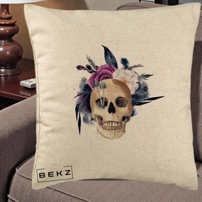 Perna Decorativa Craniu Floral cu Trandafiri si Ciuperci, 40x40 cm, Bej, Husa Detasabila, Perna Inclusa, BEKZ®