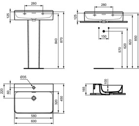 Lavoar suspendat alb 60 cm, dreptunghiular, cu preaplin, Ideal Standard Conca 600x450 mm