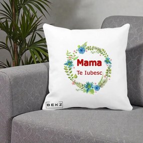 Cadou pentru Mama - Perna Personalizata Mama Te Iubesc Flori Albastre, 40x40 cm, Alba Mata, Husa Detasabila, Perna Inclusa, BEKZ®