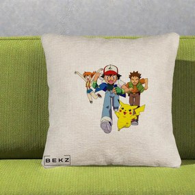 Perna Personalizata Pokemon Ash Misty Brock si Pikachu, 40x40 cm, Bej Canapea, Husa Detasabila, Perna Inclusa, BEKZ®